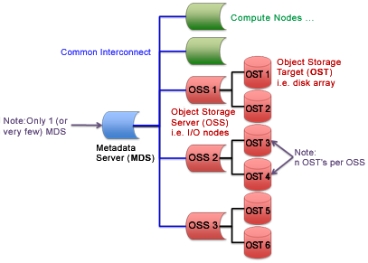 Figure 1. Diagram of an example Lustre file system and components